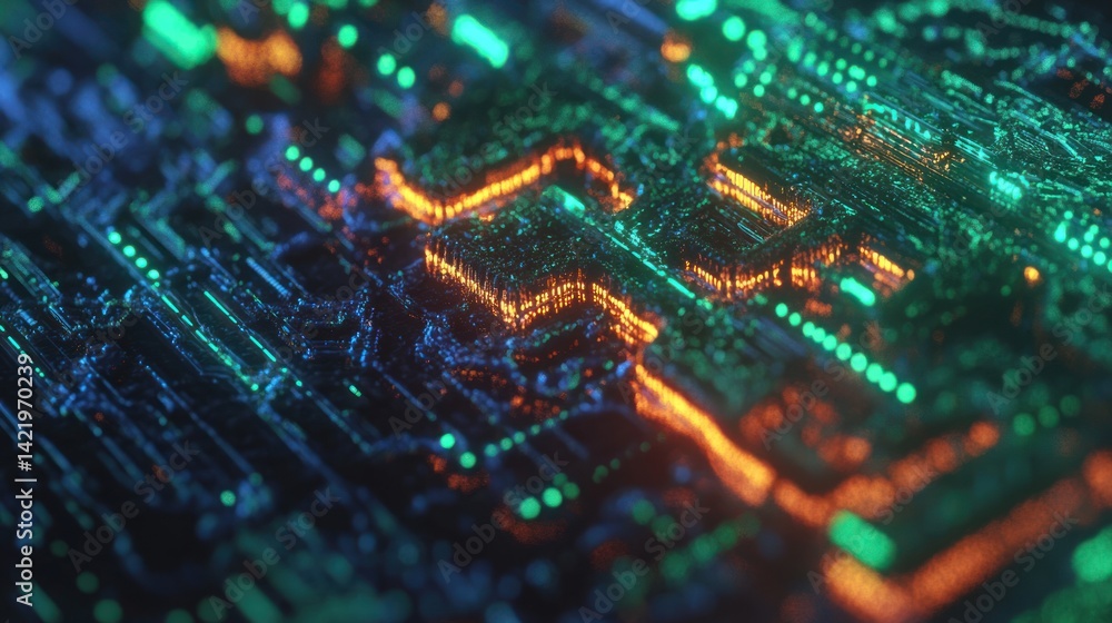 Abstract Digital Circuitry: A Glowing Network of Orange and Green Pathways
