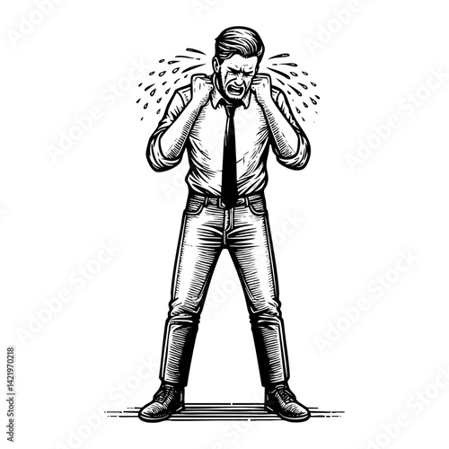 Man crying sketch engraving black and white outline. Scratch board imitation.