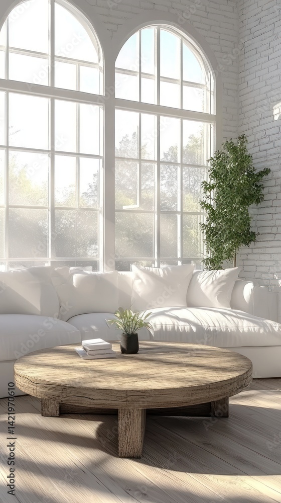 Sunlit Living Room with Modern White Sofa and Wooden Coffee Table