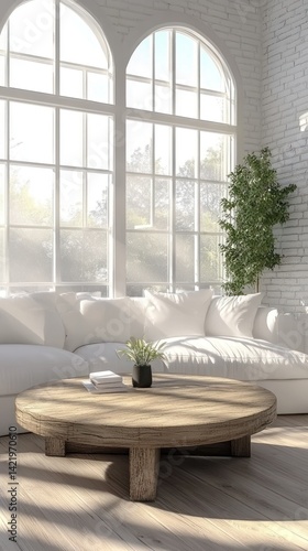 Obraz na płótnie Sunlit Living Room with Modern White Sofa and Wooden Coffee Table w salonie