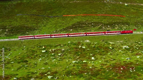 Aerial view of the Glacier Express at the Oberalp Pass in Switzerland.