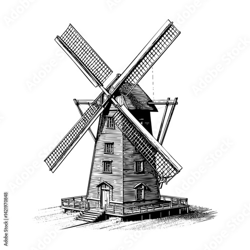 dutch windmill in farmland sketch engraving black and white outline. Scratch board imitation.