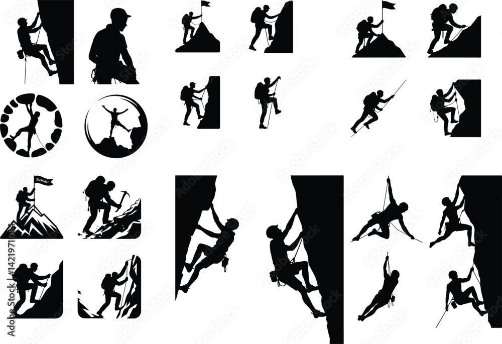 Mountain Climber Silhouette Set | Rock Climbing Vector Art Extreme Climbing Poses | Adventure Silhouette Collection Mountain Climber Silhouette Set | Rock Climbing Vector Art Extreme Climbing Poses | Adventure Silhouette Collection
