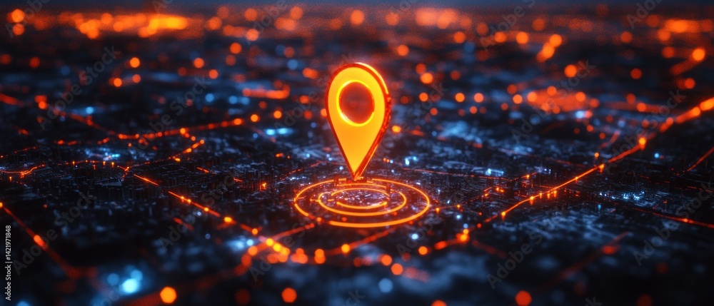 Glowing Location Pin over Futuristic Cityscape
