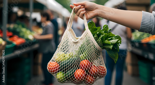 Close up of reusable mesh produce bag holding fresh vegetables at eco friendly market in natural light
