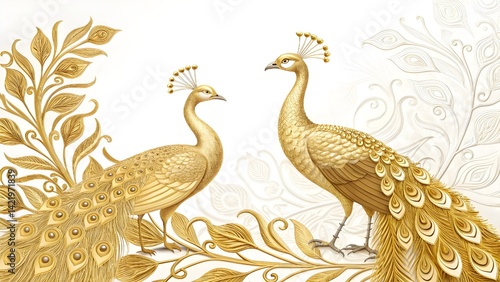 Majestic royal bird design with symmetrical golden peacocks, detailed plumage and sleek linework, elegant pattern on white background, 8K clarity