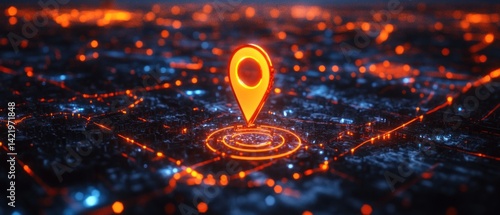Obraz na płótnie Glowing Location Pin over Futuristic Cityscape w salonie