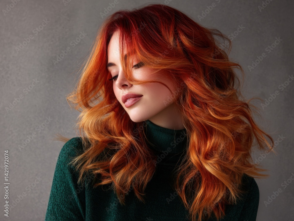 Fototapeta premium Stunning woman with vibrant red and orange hair in a studio setting, symbolizing beauty and confidence. Ideal for hair product ads, fashion editorials, and beauty blogs.