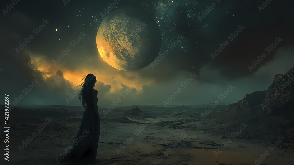 Otherworldly desert landscape under cosmic night sky colossal planets loom on horizon dusty atmosphere casts ethereal glow over alien terrain. celestial loom. illustration. Ethereal Loom. Illustration