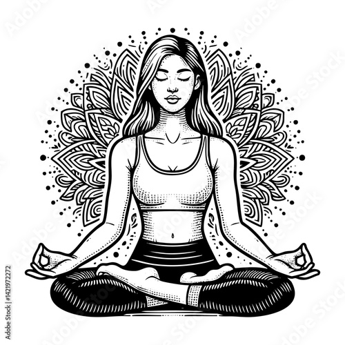 Woman yoga doing lotus pose engraving black and white outline. Scratch board imitation. illustrated in vintage line art style on a white background.
