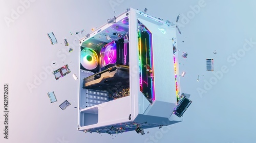 White gaming pc computer build with rgb fans and components for desktop and high performance system