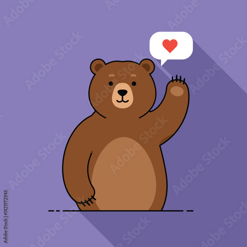 Brown bear waving with speech bubble heart symbol on purple background flat vector illustration friendly animal character 