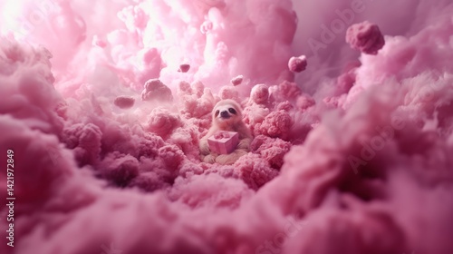 Cute fantasy sloth among pink clouds in the sky . The Dream cotton-like cloud or candy smoke. Animal with present gift box for celebration day