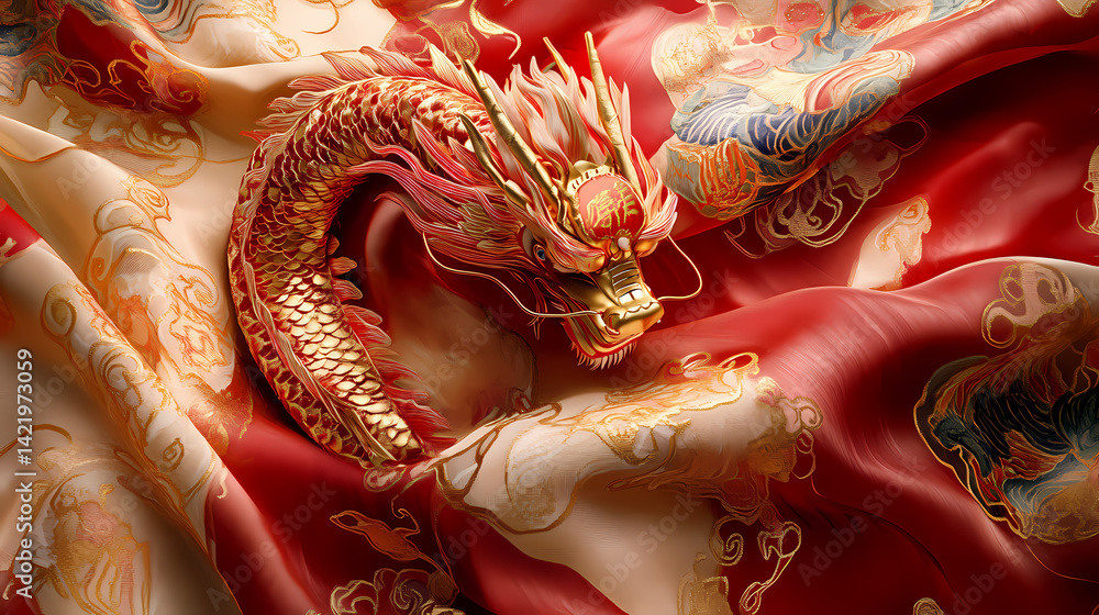 Exquisite red and gold dragon headpiece resting on luxurious silk cloth a captivating depiction of traditional chinese mythology and ceremonial attire. Fabled Embroidery. Illustration