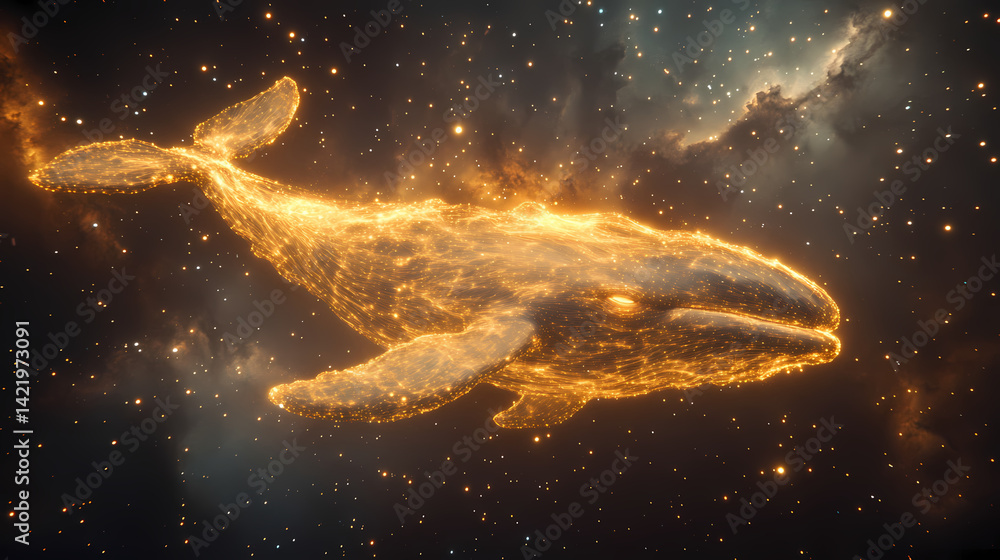 An ethereal image of a whale formed from luminous, glowing fibers against a celestial starry background, evoking a sense of wonder and cosmic beauty. Interstellar Fibers. Illustration