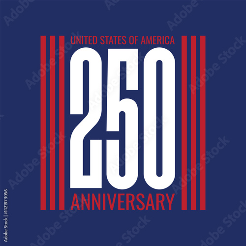 United states of America 250 years anniversary banner, template, greeting card. US Independence Day celebrate on 4th July. Number 250 logotype for banner, poster, template, greeting card.