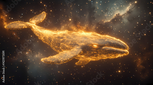 Obraz na płótnie An ethereal image of a whale formed from luminous, glowing fibers against a celestial starry background, evoking a sense of wonder and cosmic beauty. Interstellar Fibers. Illustration w salonie