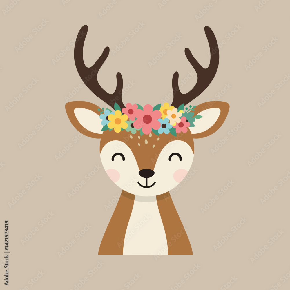 Cute deer with flower crown vector illustration in soft pastel colors for children and nature themes Cute deer with flower crown vector illustration in soft pastel colors for children and nature themes