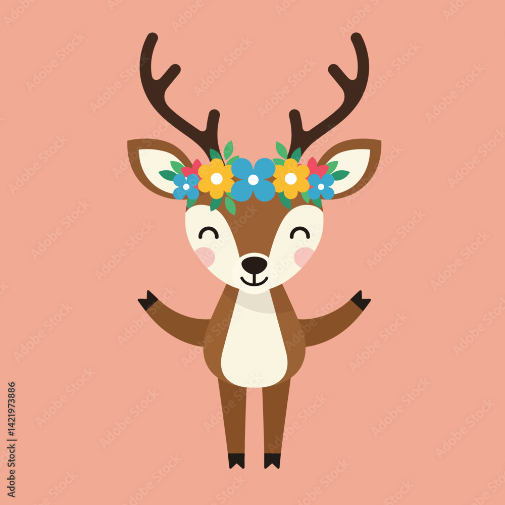 Fototapeta premium Cute smiling deer with colorful flower crown on pink background vector illustration 