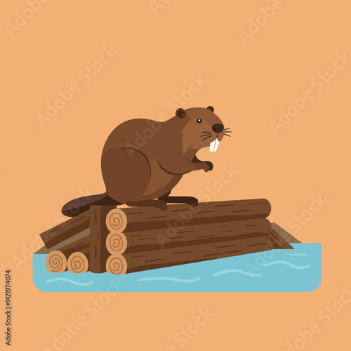 Beaver sitting on wooden logs floating in water vector illustration with brown and blue colors 