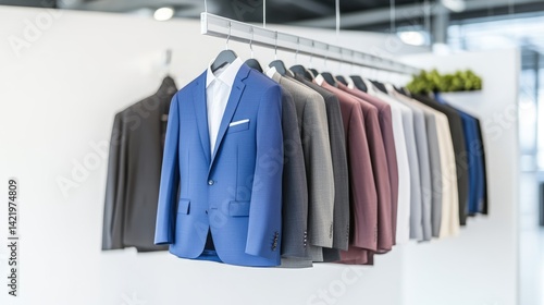 Modern suits on hangers in a shop