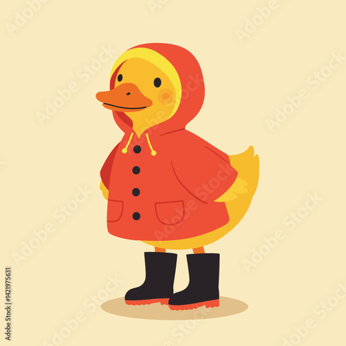 Cute duckling wearing red raincoat and black boots vector illustration in flat design style for children and nature themes 