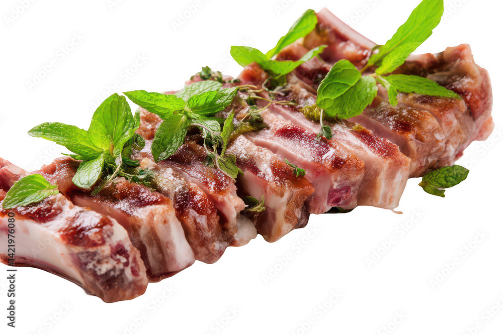 Fototapeta premium Meat on the bone, cut into slices and garnished with mint leaves, against a white background, png
