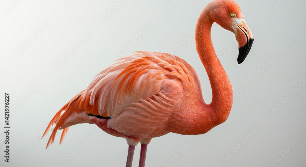 Fototapeta premium Standing Flamingo with Orange Plumage Isolated on Plain Background