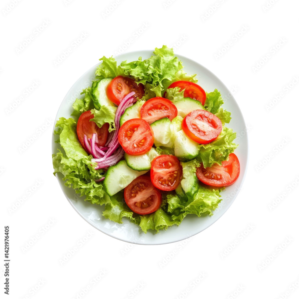 Fresh and Vibrant Vegetable Salad on White Plate, Top View Fresh and Vibrant Vegetable Salad on White Plate, Top View