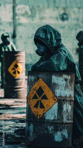 Post-Apocalyptic Survivor Leaning on Radioactive Barrel