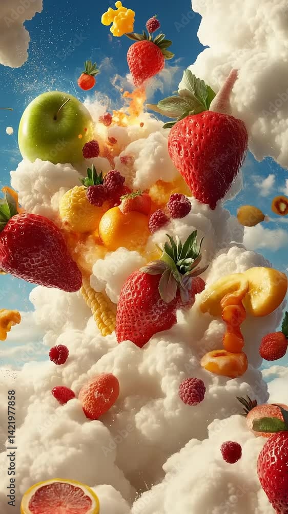 A whimsical explosion of colorful fruits and clouds against a bright blue sky A whimsical explosion of colorful fruits and clouds against a bright blue sky