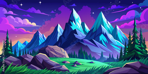 Amazing Blue and purple landscape with mountains, pine trees, hills and forest and stars in the sky vector illustration