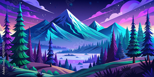 Amazing Blue and purple landscape with mountains, pine trees, hills and forest and stars in the sky vector illustration