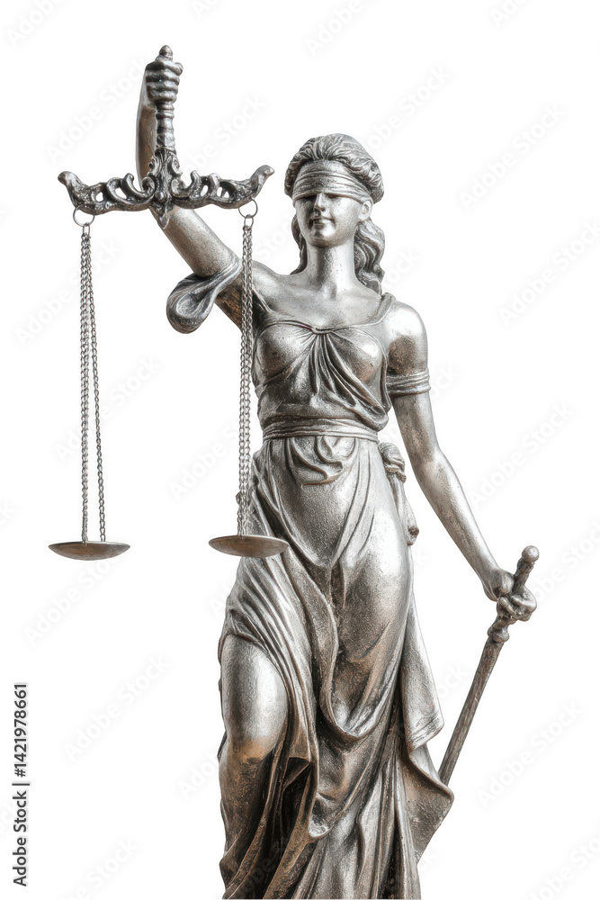 The statue of Lady Justice, with a blindfold and scales, isolated on a white background, png The statue of Lady Justice, with a blindfold and scales, isolated on a white background, png