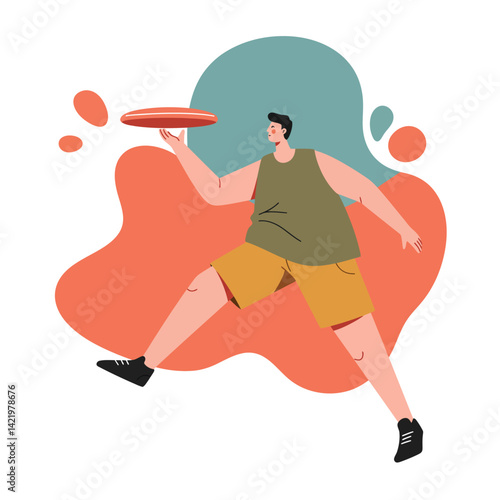 Young man playing with frisbee outdoors in casual summer clothing active leisure vector illustration 