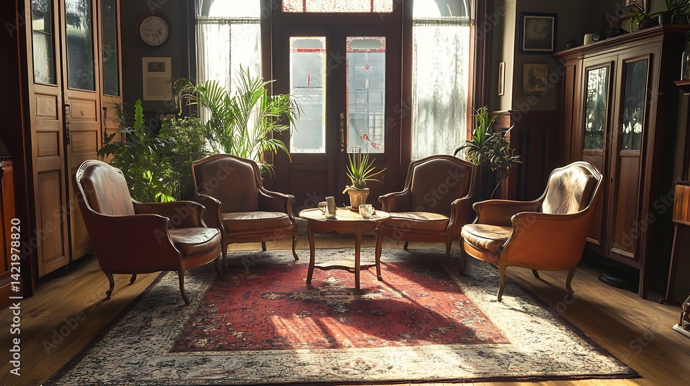 Fototapeta premium Sunlit Vintage Living Room Interior: Antique Furniture and Warm Atmosphere