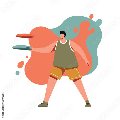 Young man playing frisbee outdoor with colorful abstract background in casual summer outfit vector illustration 