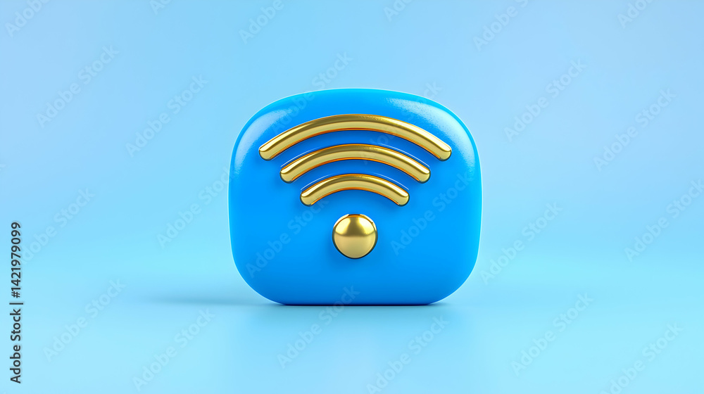 3D Render of Gold Wifi Symbol on Blue Square 3D Render of Gold Wifi Symbol on Blue Square