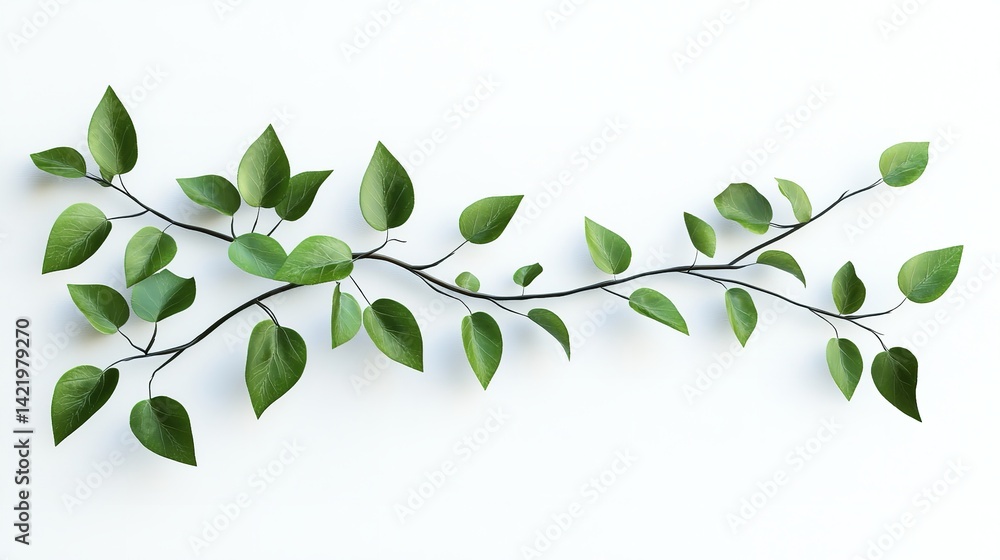 Fototapeta premium A delicate branch with vibrant green leaves gracefully stretches across a pristine white background space