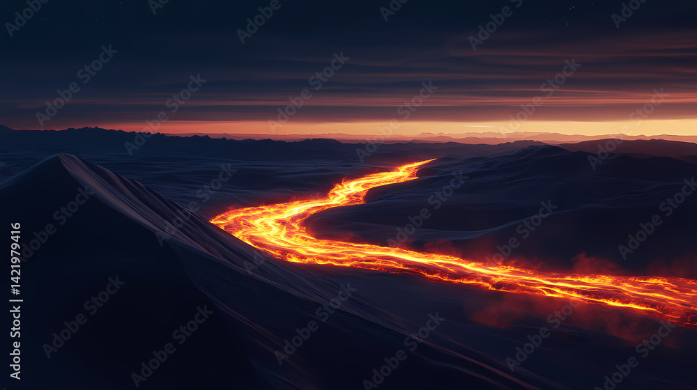 Glowing lava veins flow across dark sand dunes at dusk. Twilight Flow. Illustration