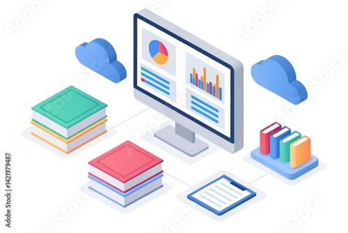 Isometric illustration of an online education platform with data charts Digital learning concept featuring books, charts, and a computer interface with cloud storage.