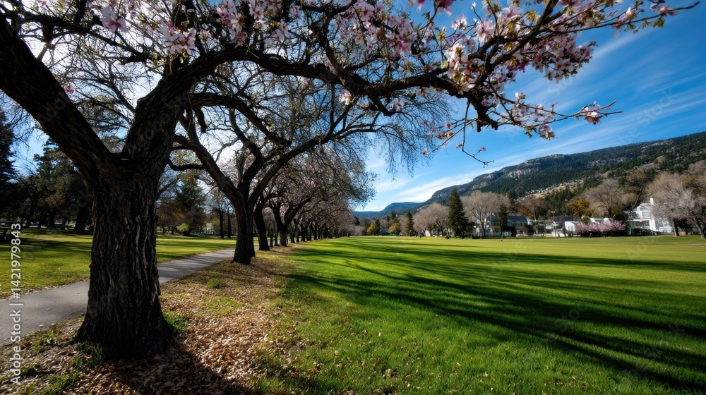 Fototapeta premium Scenic park with blooming cherry trees, lush green grass, mountains, and clear blue sky on a sunny day