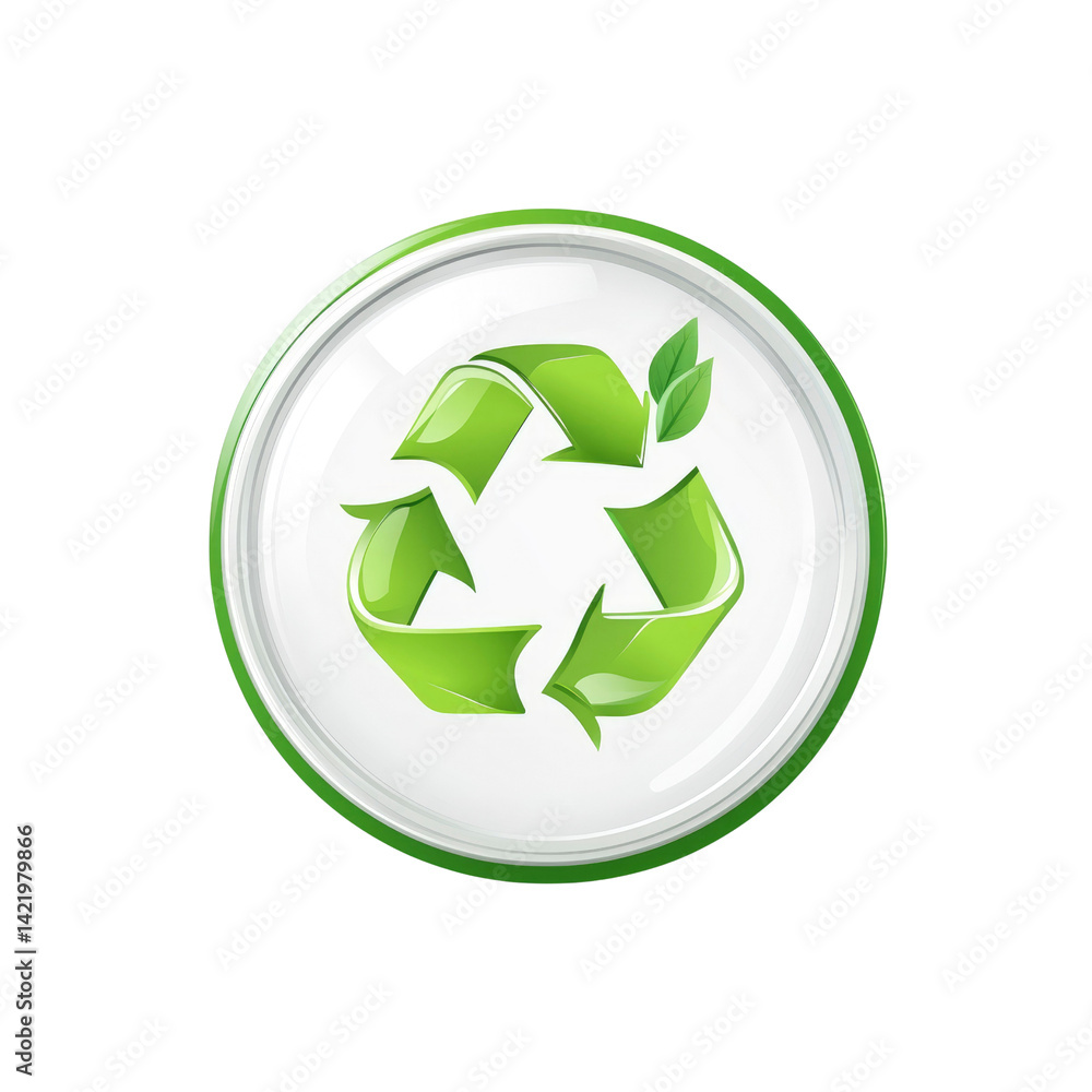 Eco-Friendly Recycling Symbol with Leaves in Green Circular Badge Eco-Friendly Recycling Symbol with Leaves in Green Circular Badge
