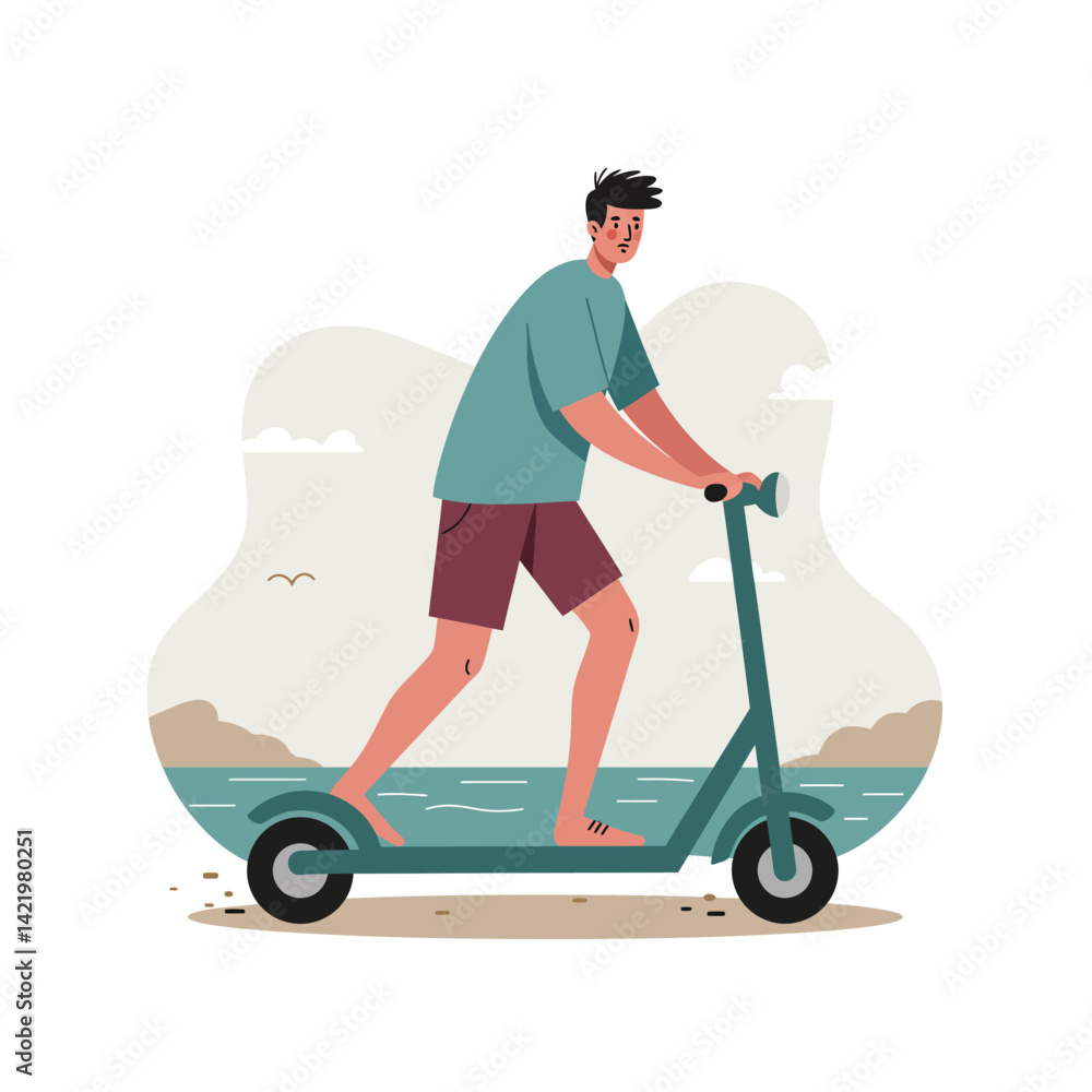 Man riding electric scooter by seaside in casual summer outfit with relaxed landscape background vector illustration Man riding electric scooter by seaside in casual summer outfit with relaxed landscape background vector illustration