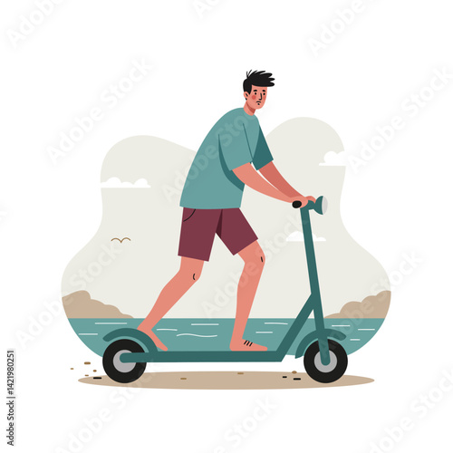 Man riding electric scooter by seaside in casual summer outfit with relaxed landscape background vector illustration 
