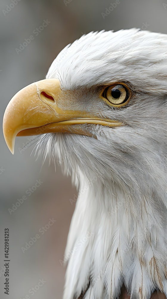 Obraz premium Majestic Bald Eagle CloseUp Profile Sharp Yellow Beak, Intense Golden Eye, White Feathers