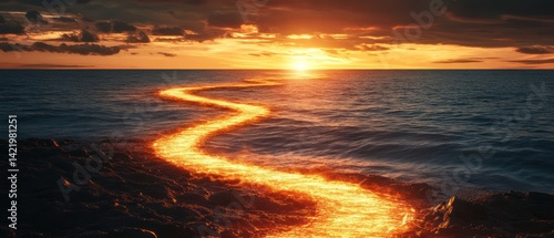 Obraz na płótnie Lava River Sunset Seascape: A fiery path at sunset w salonie