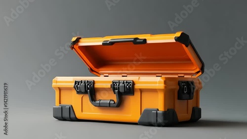 Bright orange toolbox with an open lid, showcasing its spacious interior against a grey backdrop