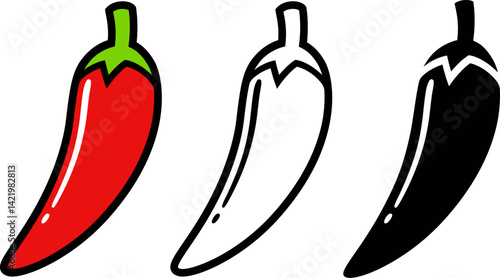Hot chili pepper icon in different style. Color, line art and black silhouette. Simple cartoon vector clipart illustration.