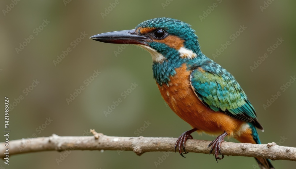 Fototapeta premium The common kingfisher is known for its vibrant and iridescent plumage, with shades of turquoise, blue, green, and orange creating a stunning mosaic of colors on its feathers.